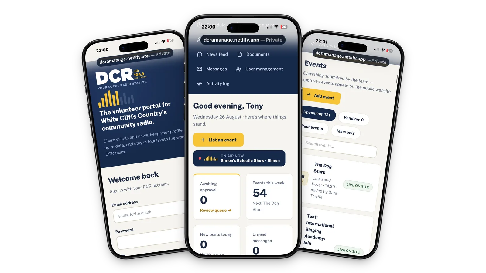 The DCR FM volunteer portal shown on three phones: sign-in, the admin dashboard with an on-air panel, and the events review queue